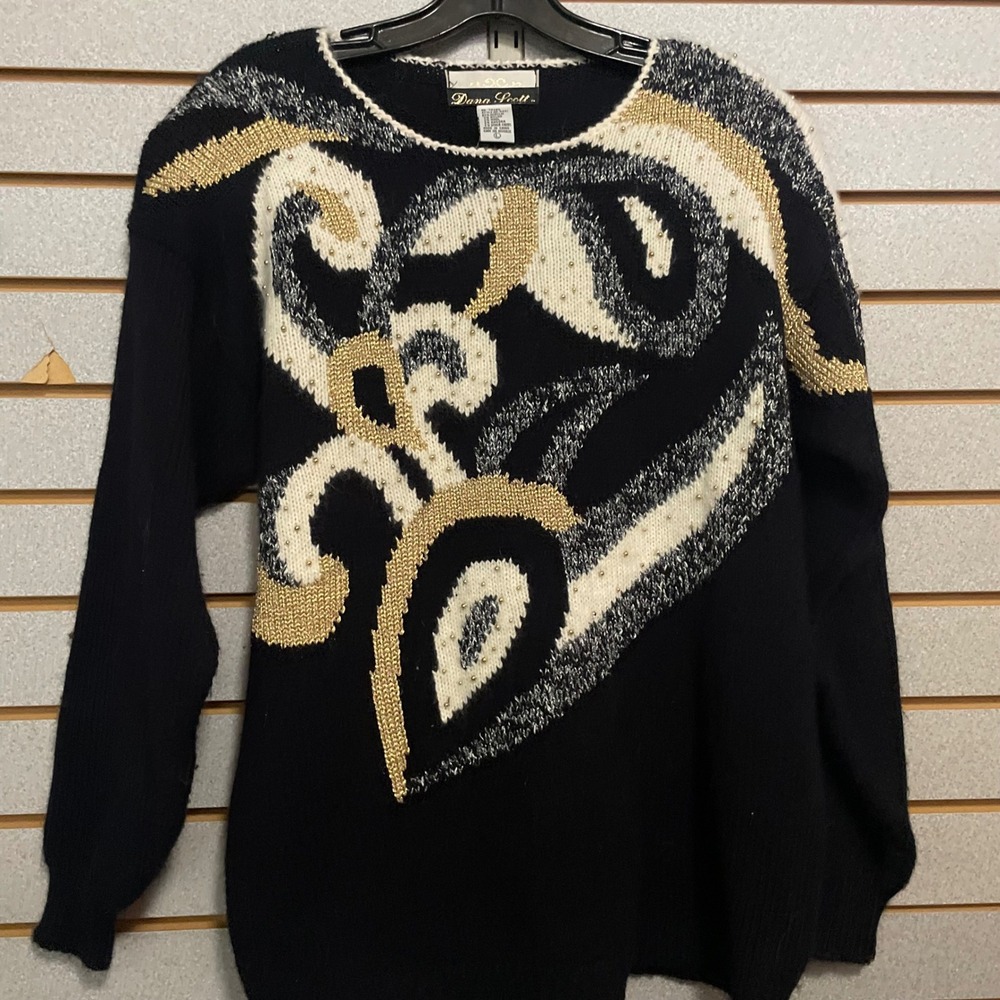Vintage Dana Scott Womens Black Gold White‎ Abstract Print Knit Sweater L beaded